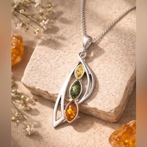 Triple Color Baltic Amber 925 Sterling Silver Pendant – Sculptural Frame #532